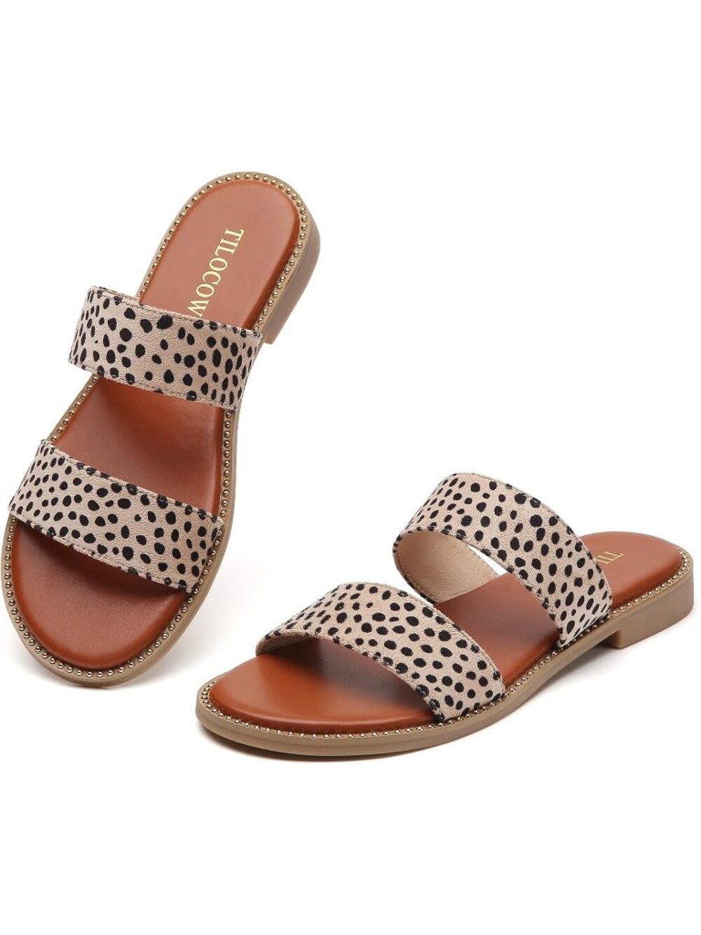 Women's Leopard Lightweight Stylish Double Straps Rivet Trim Slides Flat Sandals